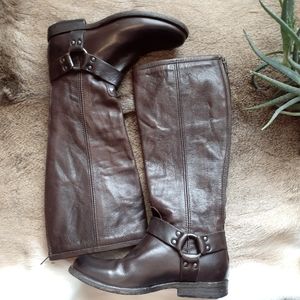 Frye $358 Like New Tall Harness Boots Size 7 Deep Brown Leather Phillip Round